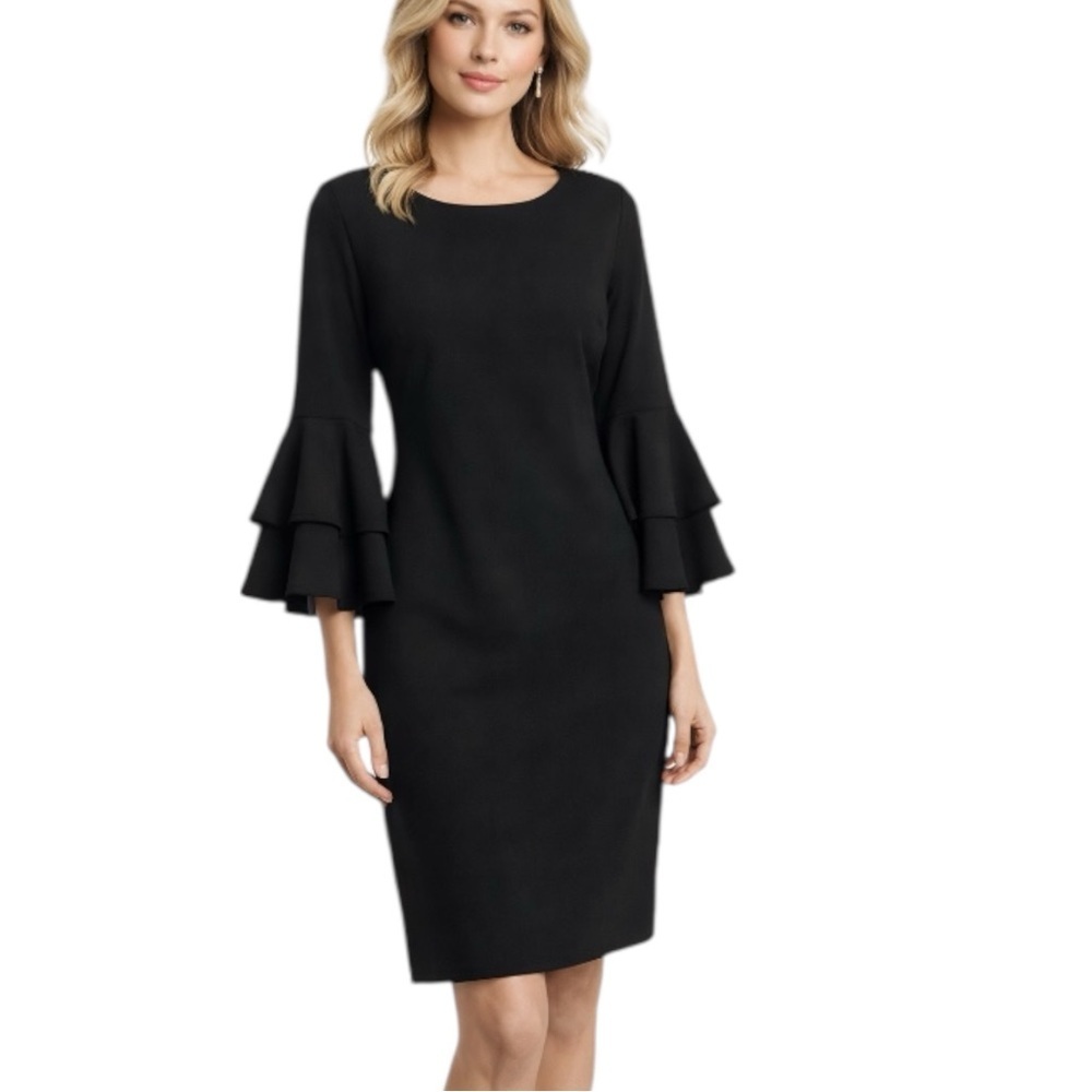 Calvin Klein Black Ruffle Sleeve Sheath Dress Size 10 Elegant Career